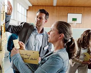 Teilnehmer diskutieren und organisieren Ideen an einer Pinnwand.